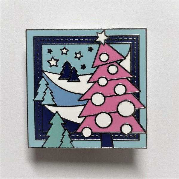 poppetpins.com Christmas quilt enamel lapel pin brooch pink holiday tree and alpine slopes with snow, trees, and stars