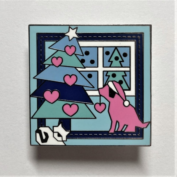 poppetpins.com Christmas quilt enamel lapel pin brooch family tree with dog and cat decorating the tree with hearts