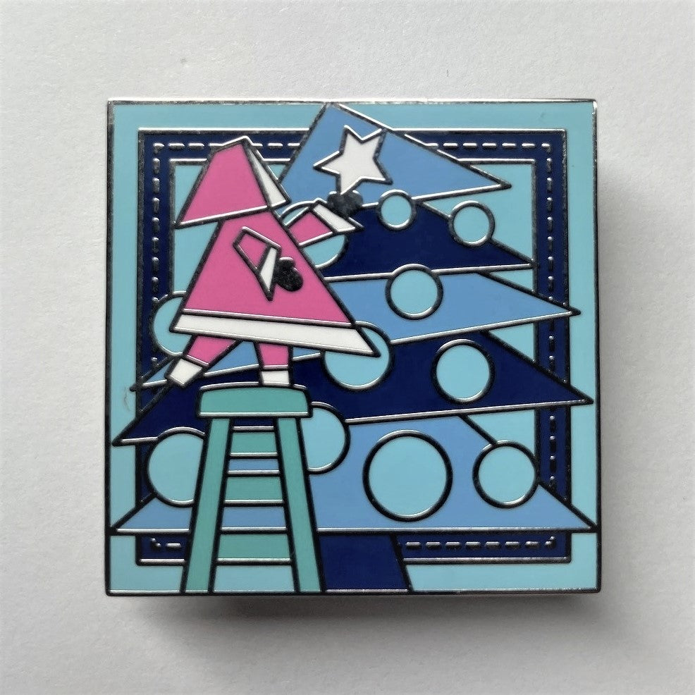 poppetpins.com Christmas quilt enamel pin pink coat girl with star blue tree nontraditional stylized holiday gift brooch