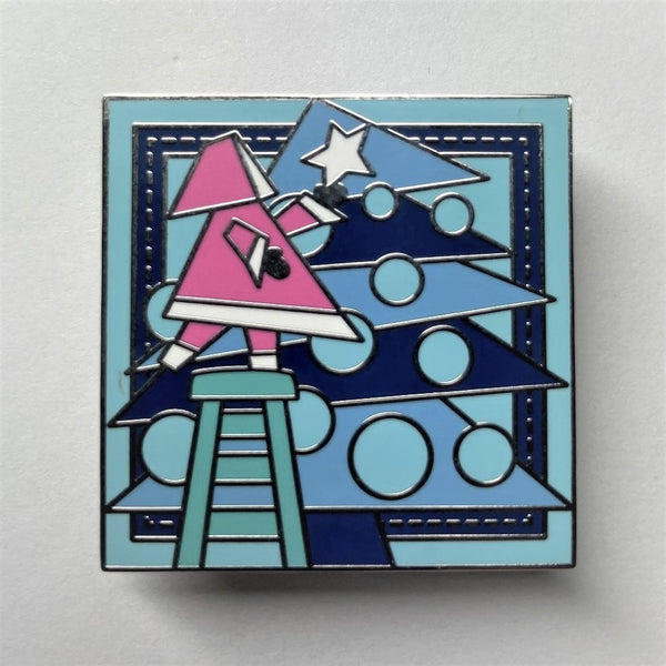 poppetpins.com Christmas quilt enamel lapel pin brooch holiday tree with girl in pink coat on a stool reaching to top the tree with a star